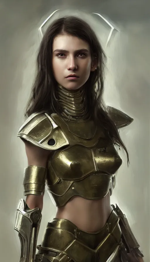 Image similar to a photorealistic painting of an attractive young girl, partially clothed in metal-plated battle armor, olive skin, long dark hair, beautiful bone structure, symmetrical face, perfect eyes, intricate, elegant, digital painting, concept art, illustration, sharp focus, minimal artifacts, volumetric lighting, from Metal Gear, in the style of Ruan Jia and Mandy Jurgens and Greg Rutkowski, trending on Artstation, award winning