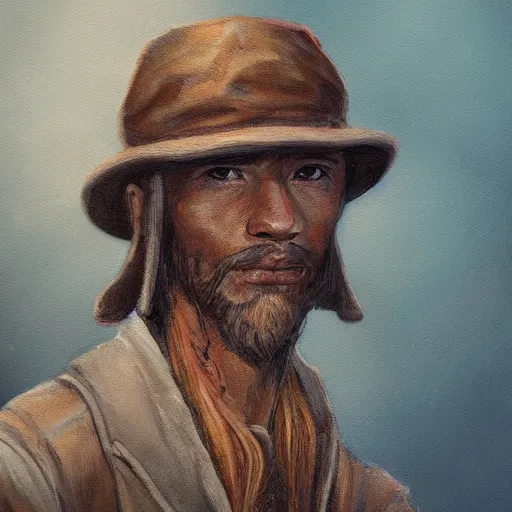 Prompt: a painting of a man with a hat on his head, a character portrait by nina tryggvadottir, trending on deviantart, fantasy art, official art, d & d, detailed painting