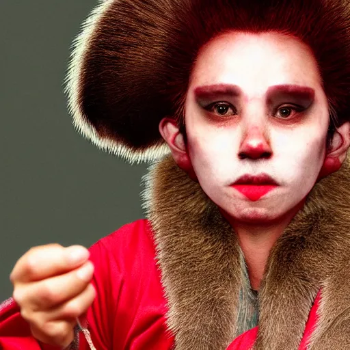 Image similar to a portrait of a human-rat hybrid with brown fur wearing a red kimono, hyper realistic, photography, film still