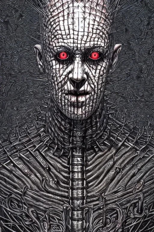 Prompt: highly detailed portrait of pinhead from hellraiser by alex grey, patrick woodroffe, mark ryden created by gustave dore and greg rutkowski, high detailed, smooth draw, synthwave neon retro, intricate, realistic proportions, dramatic lighting, trending on artstation