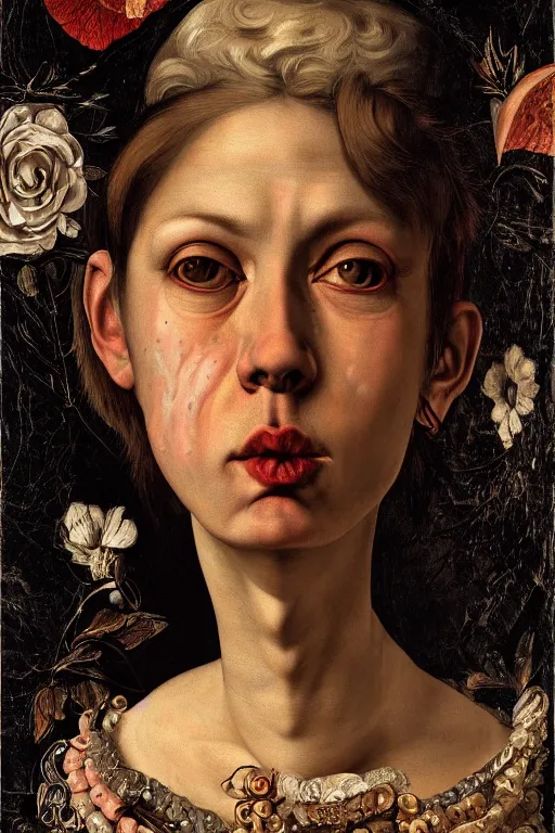 Image similar to Detailed maximalist portrait with large lips and with large eyes, sad expression, HD mixed media, 3D collage, highly detailed and intricate illustration in the style of Caravaggio, dark art, baroque