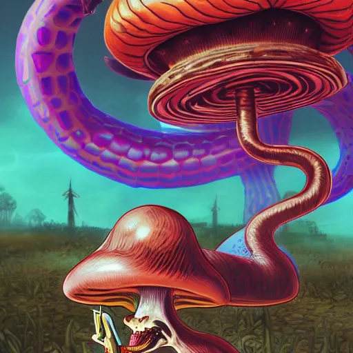 Image similar to A centered chest up portrait of a psychedelic demonic anthropomorphic snake smoking a hand-rolled cigarette smoking heavily , magic mushroom village in background , award winning. superb resolution. in the art style of junji Ito and greg rutkowski . Detailed Mushroom city in background. Hyper realistic anime. Perfect art. Dalle2