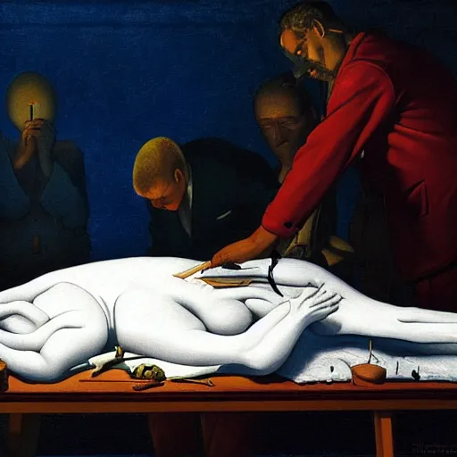 Prompt: A large rabbit performing an autopsy on a man lying on a metal table, mood lighting, ambient lighting painting by Rockwell Kent