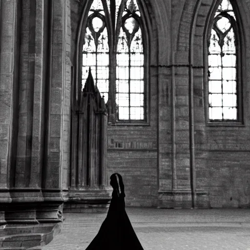 Prompt: black and white movie shot, landcape, architectural shot, no decaying lines, background of an alabaster gothic cathedral, with long ephimeral windows with reflection of flames, as subject a gothic woman with an intricate arabesque detailed black dressed, macro head face