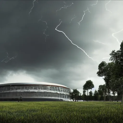 Image similar to a biotech organic architectural building which is placed in the middle of a very detailed landscape populated by human beings living in harmony with nature, photorealistic, 3d, Octane Render, Cinematica, perfect lightning