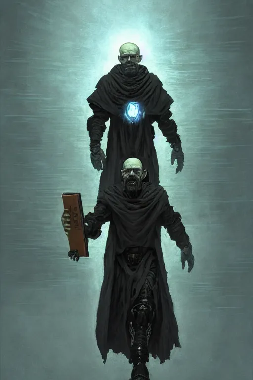 Image similar to painting of walter white as a cloaked tech priest holding a book, adeptus mechanicus!, cybernetic enhancements attached to his body, praise the omnissaiah, zdzislaw beksinski, lewis jones, mattias adolfsson, warhammer 4 0 k!!, cold hue's, warm tone gradient background, concept art, digital painting