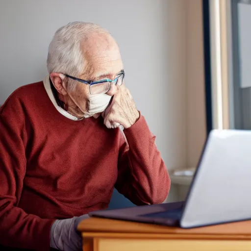 Image similar to elderly man inside a casket browsing internet on laptop from a casket casket