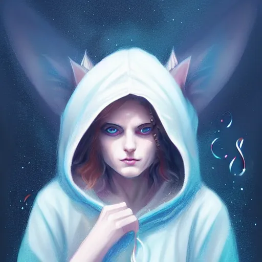 Prompt: colorful and Festive Captivating mage white kitten, with a blue hoodie, serious looking, atmospheric lighting, painted, intricate, highly detailed by Charlie Bowater