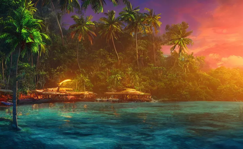 Image similar to a tropical resort in a jungle paradise, with a beautiful red and blue sunset, dynamic lighting, photorealistic fantasy concept art, trending on art station, stunning visuals, creative, cinematic, ultra detailed, ray tracing, sun rays, native tribes, wonderous waters, amazing detail