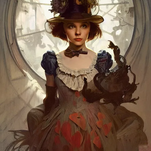 Prompt: portrait of alice in wonderland, dramatic lighting, high detail, painted, by greg rutkowski, painted by stanley artgerm, painted by alphonse mucha, trending on artstation