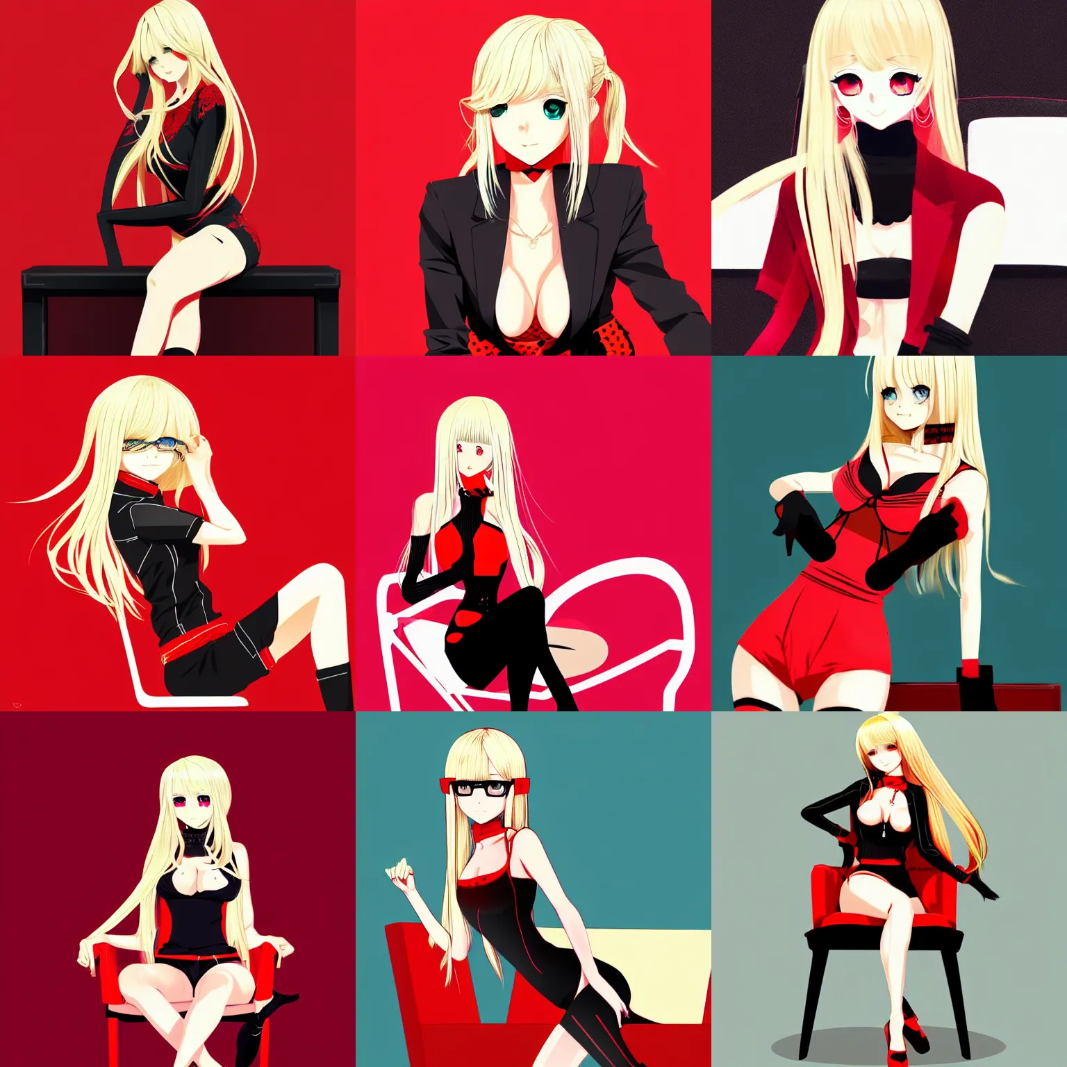 Prompt: sexy girl with long blonde hair, wearing a sexy outfit, sitting in a chair, red and black color palette, in the style of and ilya kuvshinov, high quality anime artstyle, intricate