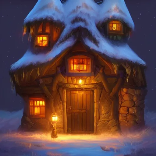 Prompt: cozy fantasy cottage at night, glowing with lamplight, amazing, trending on artstation