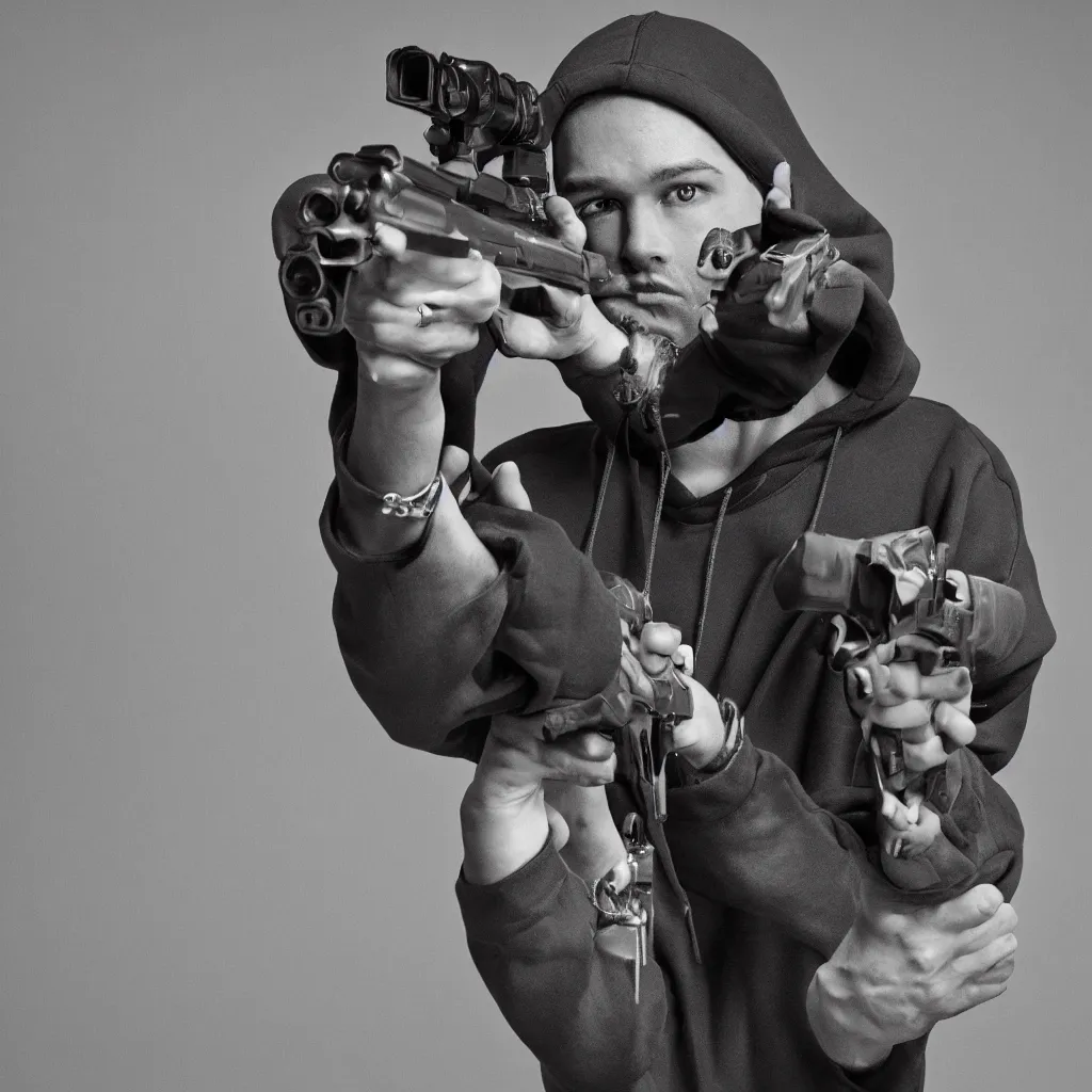 Image similar to a gangster in a hoodie pointing a gun at the camera, highly detailed, photorealistic, album cover