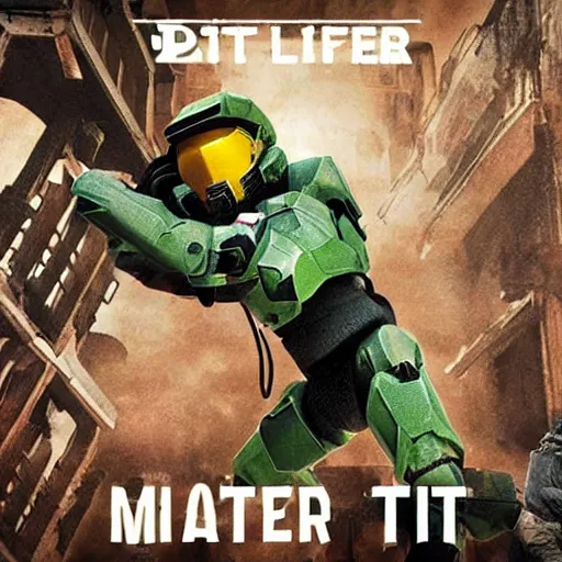 Prompt: cover to the album Die Lit with Master Chief instead