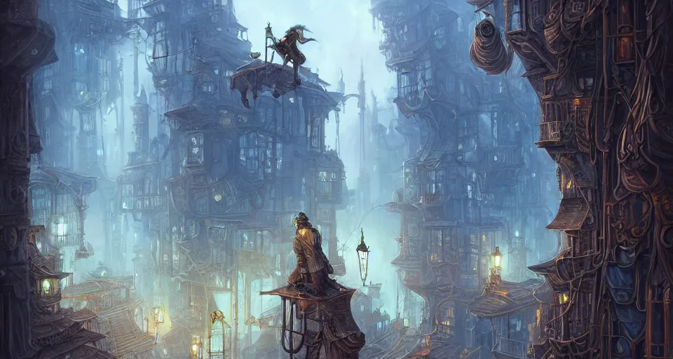 Prompt: landscape painting of fantasy metal steampunk city that has a light blue glow with walkways and lit windows and a fine detailed hooded thief in browns leathers climbing one of the tall buildings using a rope, fine details, magali villeneuve, artgerm, rutkowski