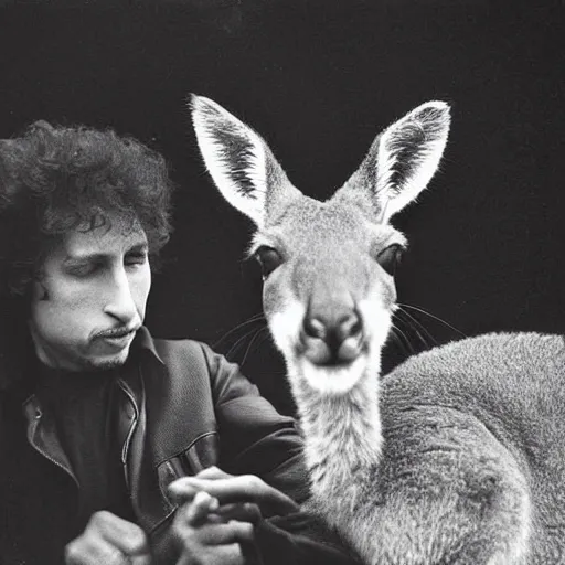 Prompt: bob dylan riding a kangaroo, photograph, high detail