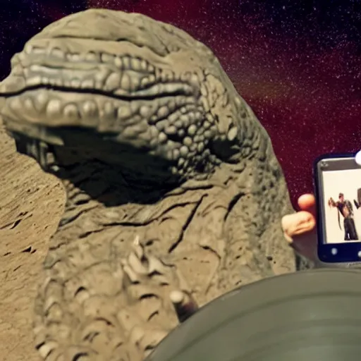 Image similar to photo of T-rex taking a selfie with asteroid in background