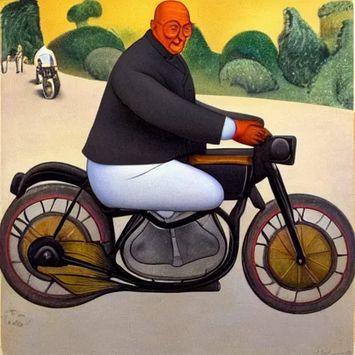 Image similar to ghandi riding a motorcycle by botero