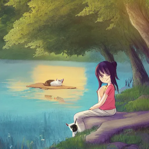 Image similar to girl sitting by the lake with her cat, sunshine, studio ghibli, trending on artstation