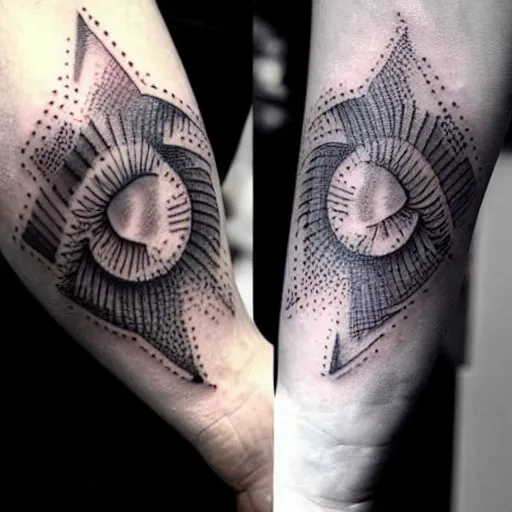 Prompt: a small black tattoo on the arm based on quantum physics, whole tattoo, realistic, very detailed