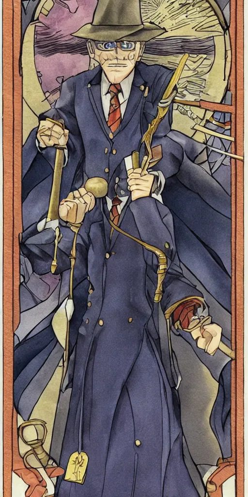 Image similar to the judge from Ace Attorney with a beam scale in one hand. Tarot card Justice, impressive art, detailed, singe subject