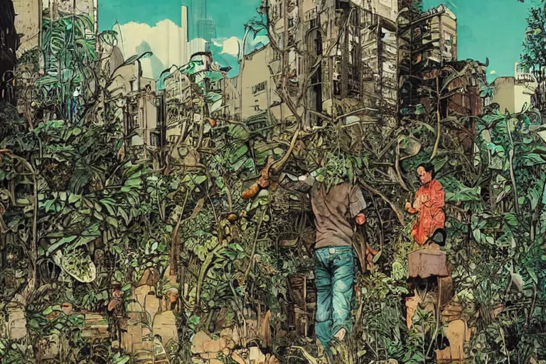 Image similar to on the street of abandoned town 2 people huddled together with spiny giant plants bursting through them, surreal, very coherent, intricate design, painting by Laurie Greasley, part by Yoji Shinkawa, part by Norman Rockwell