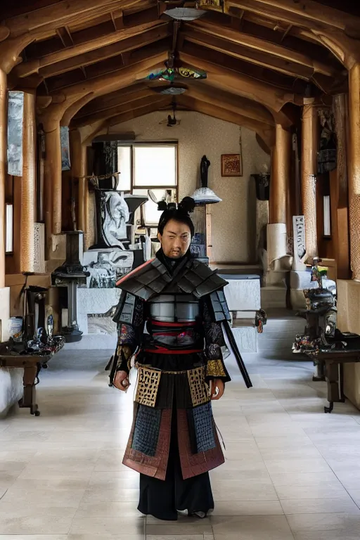 Image similar to samurai warrior in a a monastery dedicated to worshiping artificial intelligence