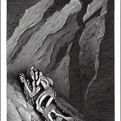 Prompt: a demon crawling up from a canyon, highly detailed, in the style of Gustave Dore