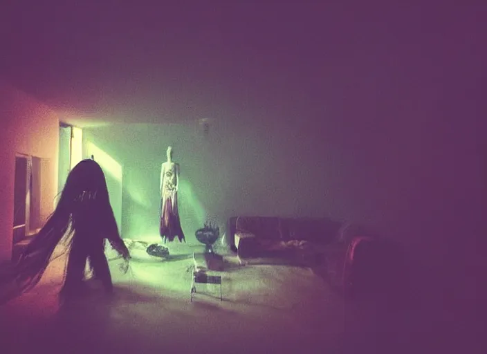Image similar to horror demon evil transparent spirit attacks in living room interior coloured photo close shot on iphone, dynamic pose, sharp focus, grainy, corpse, paranormal, long exposure, flashlight, night, total darkness, poltergeist, aberrations,