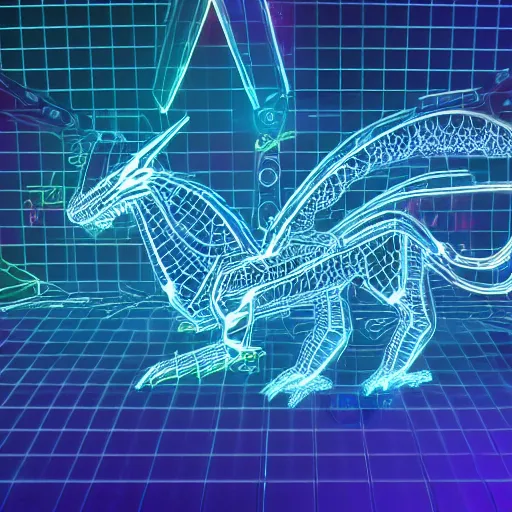 Image similar to <https://s.mj.run/Hy-XYluU-s8> A wireframe Mecha dragon, Holographic Projection, Grid, glowing neon, diagram schematic, measurements, hieroglyphics, octane rendered, 16k uhd