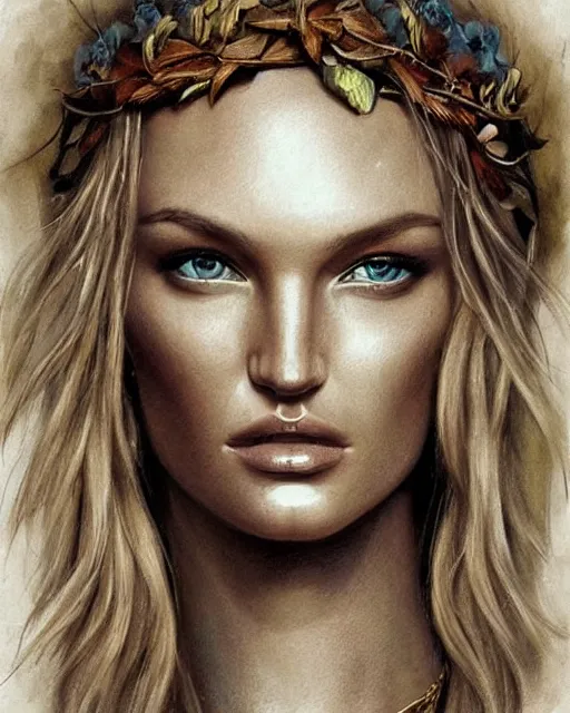 Image similar to realism tattoo sketch of candice swanepoel as a beautiful greek goddess aphrodite with piercing eyes wearing a laurel wreath and triangle earrings, in the style of greg rutkowski, amazing detail