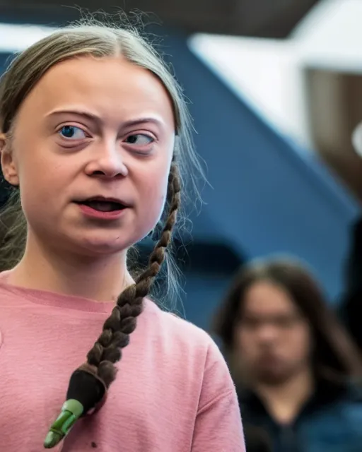 Image similar to film still close - up shot of greta thunberg giving a speech in a train station full of raw meat. photographic, photography