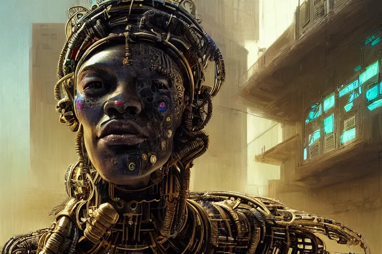 Prompt: A neofuturistic very highly detailed cyborg god with very highly detailed face in the African ghetto bar in a very highly detailed solarpunk sci-fi city digital rational painting art by Greg Rutkowski, sci-fi highly detailed, digital concept art, Dimensional cyan gold natural light, sharp focus, Golden Ratio illustration, realistic concept art by Stephen Hickman and James Gurney and Hiromasa Ogura Ghost in the Shell rendered in Octane Render, From the distance