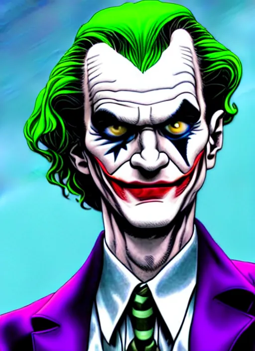 Prompt: Neil Patrick Harris as the Joker, full shot, concept art, illustration by John Romita Jr.