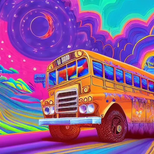 Image similar to long blond haired hippy drives school bus through psychedelic dreamscape skyscape detailed trippy trending on artstation colourful