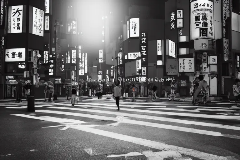 Image similar to still photo of a japanese street crossing, tokyo, black and white color aesthetic, highly detailed, photorealistic portrait, bright studio setting, studio lighting, crisp quality and light reflections, unreal engine 5 quality render
