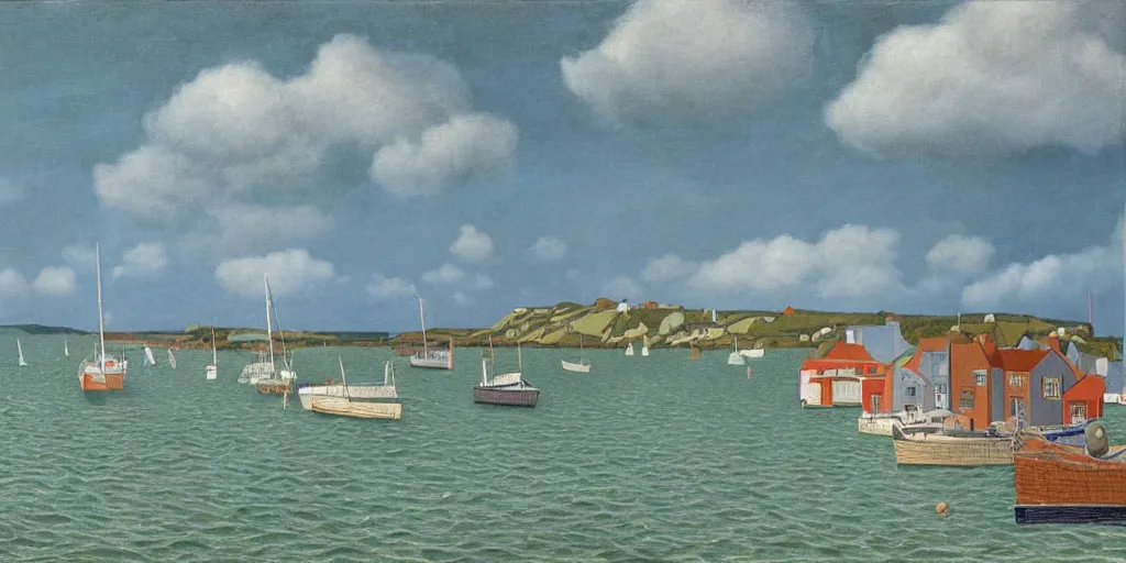 Image similar to a painting of the harbour at Herm, Channel islands, small houses, boats, sea, stormy clouds, by René Magritte