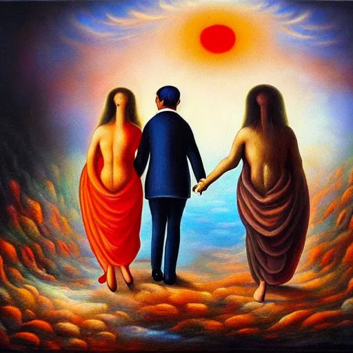 Image similar to couple walking hand in hand, in heaven and hell at the same time, surrealistic oil painting, beautiful, intricate, hell in the bottom, heaven in the top, very detailed