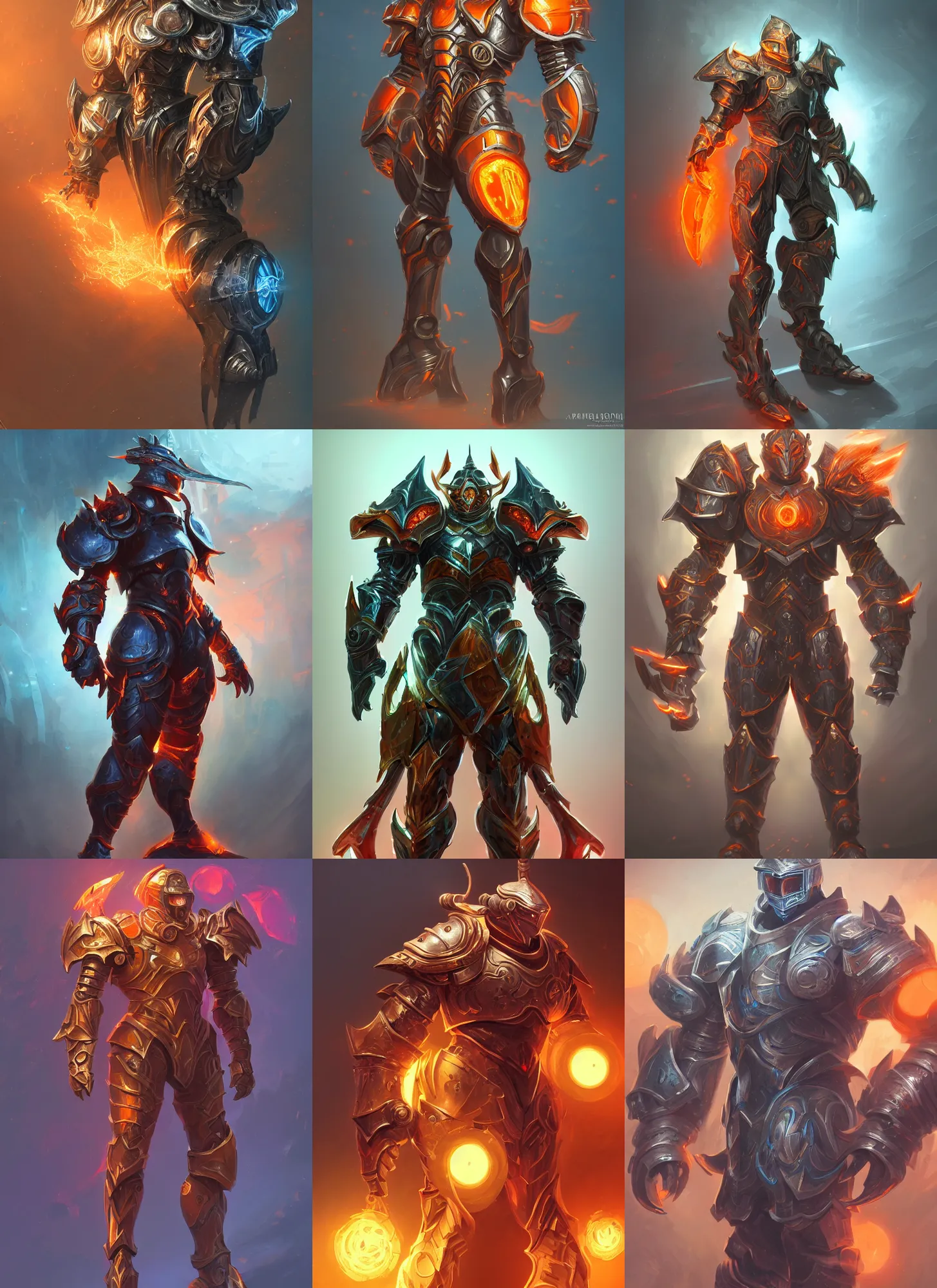 Prompt: a highly detailed illustration of fantasy cyber knight, rigid bulky armor, orange glowing core in armor, dramatic standing pose, intricate, elegant, highly detailed, centered, digital painting, artstation, concept art, smooth, sharp focus, league of legends concept art, wlop