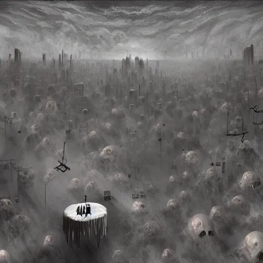 Image similar to lost souls floating in the astral plane above the city of the dead below filled with rotting corpses an blood and bones style of Alex Andreev