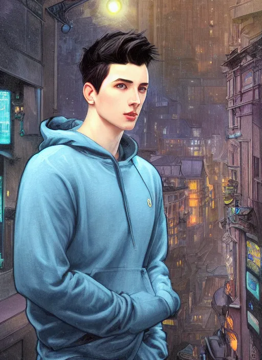 Image similar to handsome young man with short black hair, glowing light blue eyes, pale skin, wearing jeans and a black hoodie, detailed night time cityscape background, realistic painting by ross tran and gerald brom and alphonse mucha, ilya kuvshinov, svetlana tigai, artgerm, trending on artstation