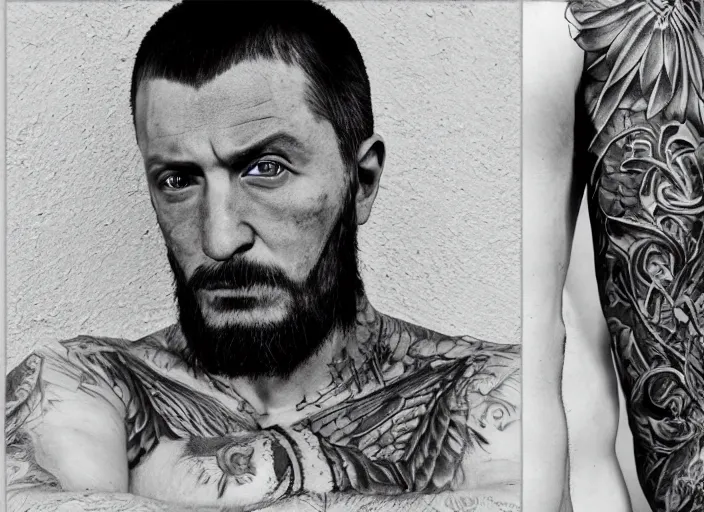 Image similar to photorealistic professional fine details black and white photo portrait of detailed russian prison tattoo, russian criminal tattoo, nakolki, русская тюремная татуировка, sergei vasiliev