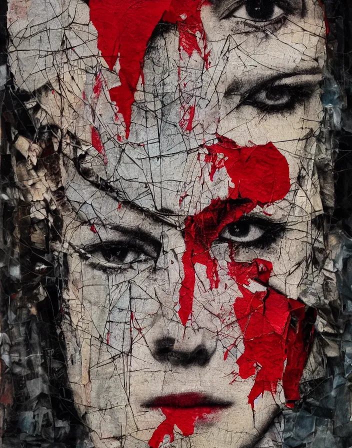 Prompt: teenager with bleeding veins detailed analogue mixed media collage with canvas texture in style of contemporary art, punk art, hyperrealistic beautiful face, photorealistic, expressionism, masterpiece, perfect composition, spectacular quality torn paper, intricate oil details, broken glass