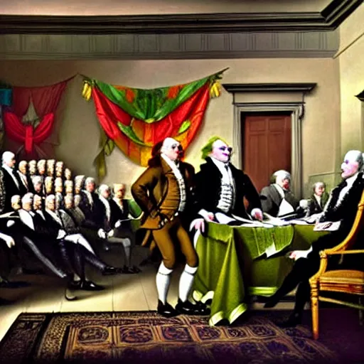 Image similar to shrek at the signing of the declaration of independence oil painting