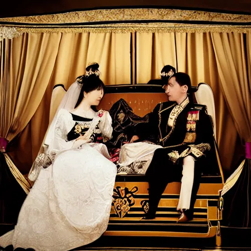 Image similar to An extreme long shot wide shot, colored black and white Russian and Japanese mix historical fantasy a photograph portrait taken at the empress and emperor's royal wedding inside the imperial carriage going back to the palace, they had a private moment together, golden hour, warm lighting, 1907 photo from the official wedding photographer for the royal wedding. Cinematic, atmospheric lighting, extreme detail, 8K, movie still.