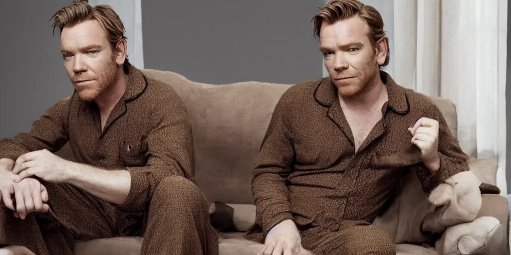 Image similar to ewan mcgregor is dressed to a pajamas. he is sitting on a sofa. on his lap is a brown cat. elegant. nice. epic scene. charismatic. light from window