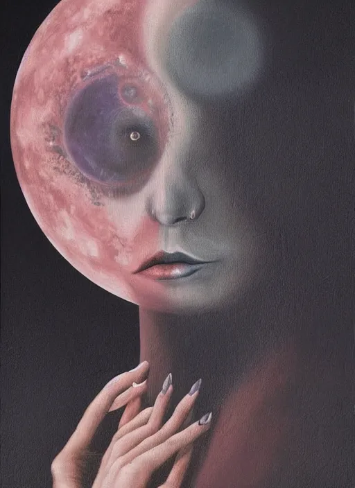 Image similar to surrealism, abstract, witch, portrait, close - up, make up, full big moon, painting by raphael albuquerque, soft light