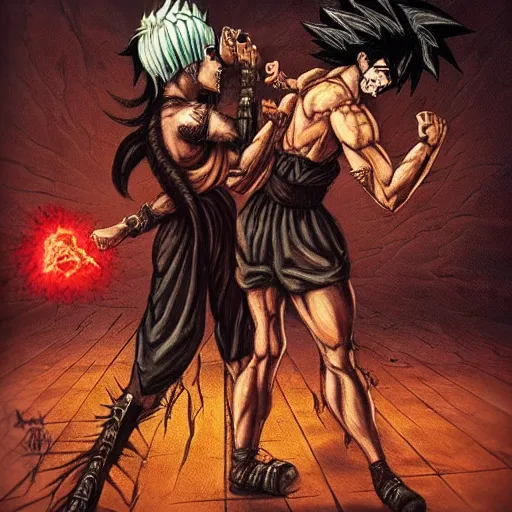 Image similar to Baphomet fistfighting a savage woman with wild spiky black Saiyan hair, dark dungeon, bloody walls, fantasy art, esoteric Satanic art, absurd quality