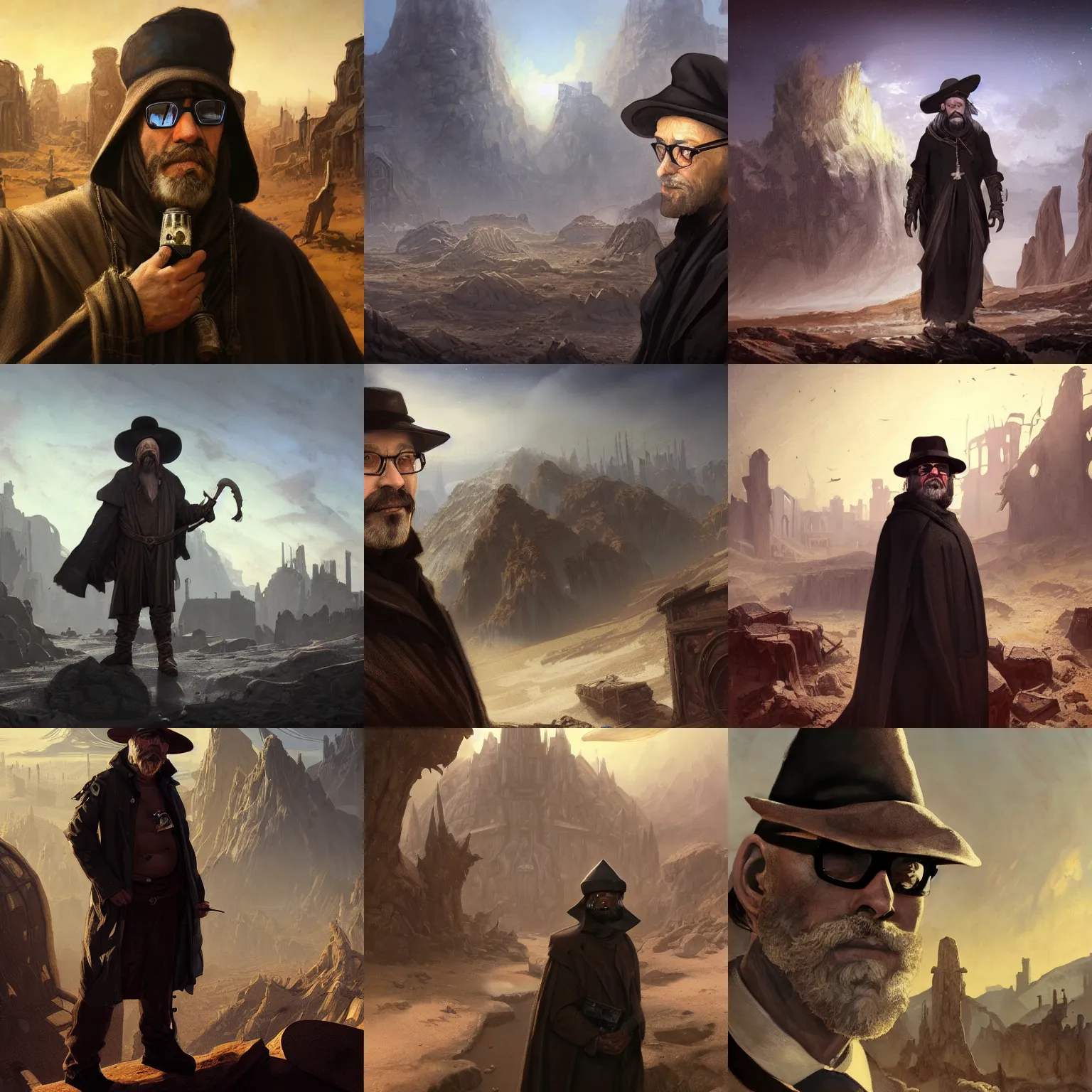 Prompt: middle-aged male cultist wearing a black chapeau with a short salt and pepper beard wearing brown glasses, desolate planet with abandoned ruins in the background, fantasy, portrait, highly detailed, digital painting, artstation, concept art, sharp focus, illustration, art by artgerm and greg rutkowski and alphonse mucha