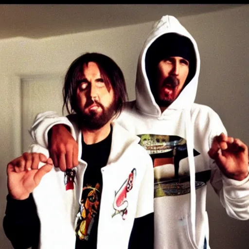 Image similar to nicolas cage and jim carrey as a rappers in a hoodie 1996